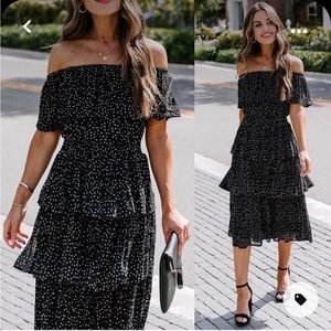 After Dark Off the Shoulder Tiered Pleated MIDI Dress